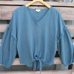 Umgee Top Blouse Medium Blue Oversized Drop Shoulder NWOT Casual V-Neck Linen
